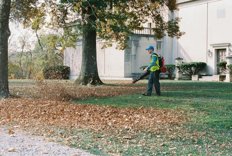 Worker in a hi-vis vest blowing autumn leaves off a lawn during a yard cleanup